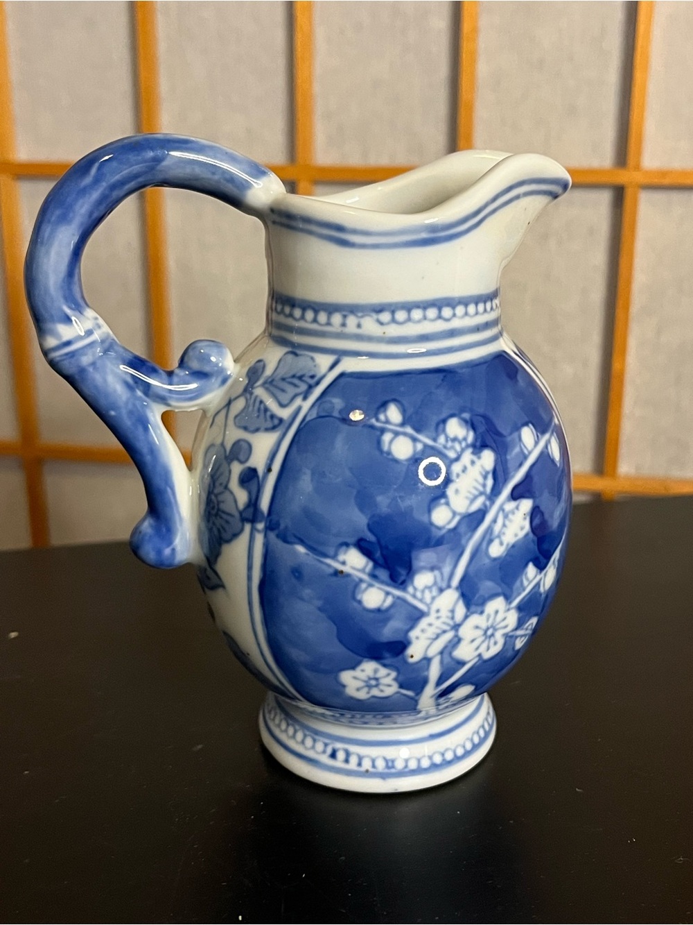 Vintage Chinoiserie blue and white floral pitcher small 5.5"
